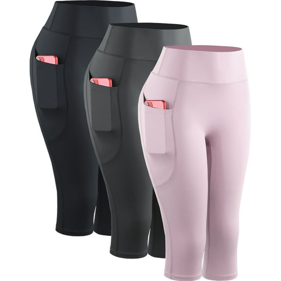 NELEUS Womens Yoga Capris Leggings For Workout With Pockets Tummy Control High Waist,Black+Gray+Light Pink,US Size S