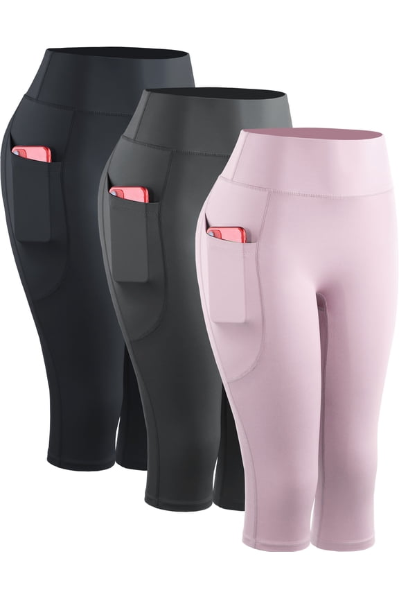 Womens Yoga Capris Leggings For Workout With Pockets Tummy Control High Waist,Black+Gray+Light Pink,US Size S