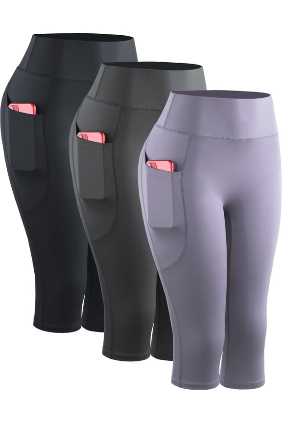 Womens Plus Size Yoga Capris Leggings For Workout With Pockets Tummy Control High Waist,Black+Gray+Light Purple,US Size 2XL