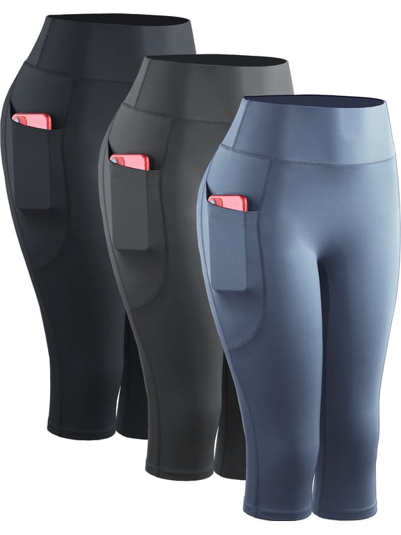 Womens Plus Size Yoga Capris Leggings For Workout With Pockets Tummy Control High Waist,Black+Gray+Navy Blue,US Size 2XL