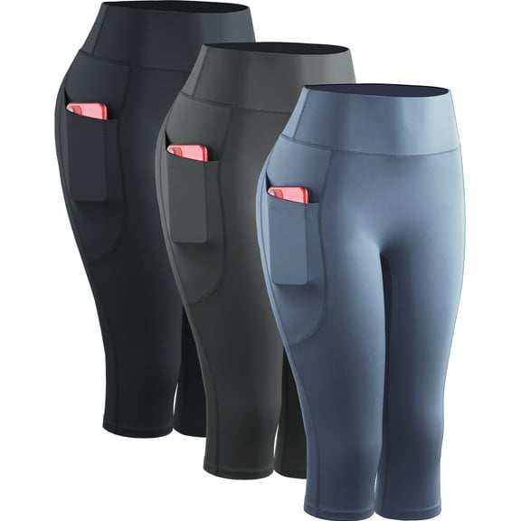 NELEUS Womens Yoga Capris Leggings For Workout With Pockets Tummy Control High Waist,Black Gray Navy Blue,US Size L