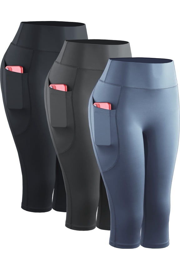 Womens Yoga Capris Leggings For Workout With Pockets Tummy Control High Waist,Black+Gray+Navy Blue,US Size L