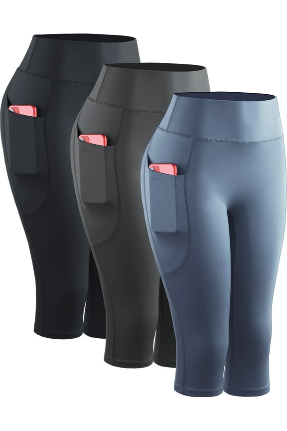 Womens Yoga Capris Leggings For Workout With Pockets Tummy Control High Waist,Black+Gray+Navy Blue,US Size M