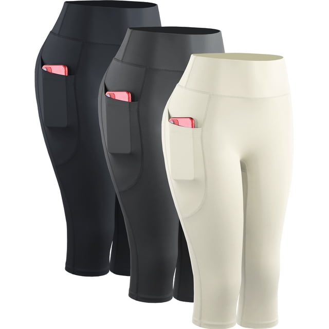 NELEUS Womens Yoga Capris Leggings For Workout With Pockets Tummy Control High Waist,Black+Gray+Off-White,US Size M