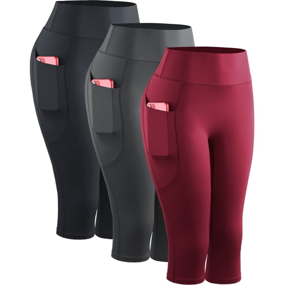 NELEUS Womens Yoga Capris Leggings For Workout With Pockets Tummy Control High Waist,Black+Gray+Red,US Size L