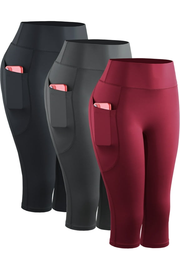 Womens Yoga Capris Leggings For Workout With Pockets Tummy Control High Waist,Black+Gray+Red,US Size L