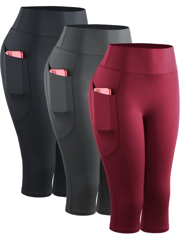 Womens Yoga Capris Leggings For Workout With Pockets Tummy Control High Waist,Black+Gray+Red,US Size L