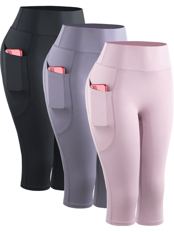 Womens Yoga Capris Leggings For Workout With Pockets Tummy Control High Waist,Black+Light Purple+Light Pink,US Size L