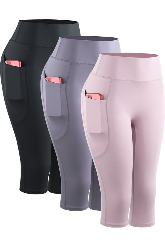 Womens Yoga Capris Leggings For Workout With Pockets Tummy Control High Waist,Black+Light Purple+Light Pink,US Size M