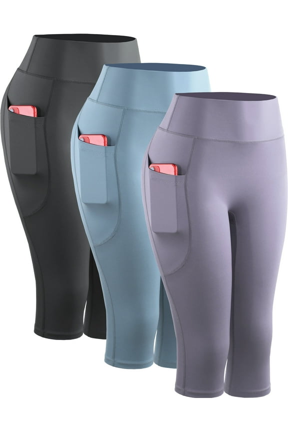 Womens Yoga Capris Leggings For Workout With Pockets Tummy Control High Waist,Gray+Light Blue+Light Purple,US Size L