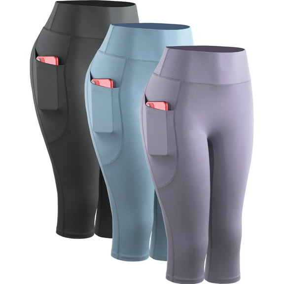 NELEUS Womens Yoga Capris Leggings For Workout With Pockets Tummy Control High Waist,Gray+Light Blue+Light Purple,US Size S