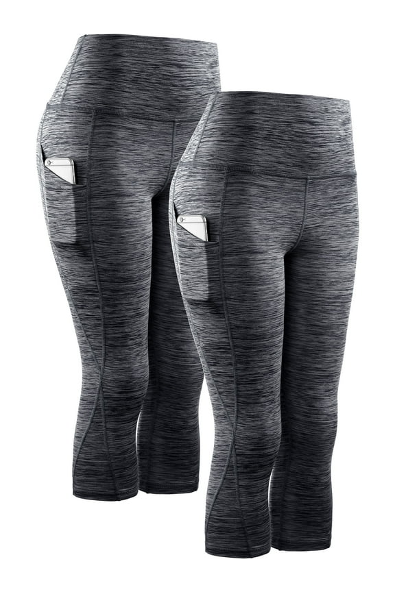 Womens Yoga Capris Workout Leggings Tummy Control High Waist Cropped with Pocket,Black+Black,US Size 3XL