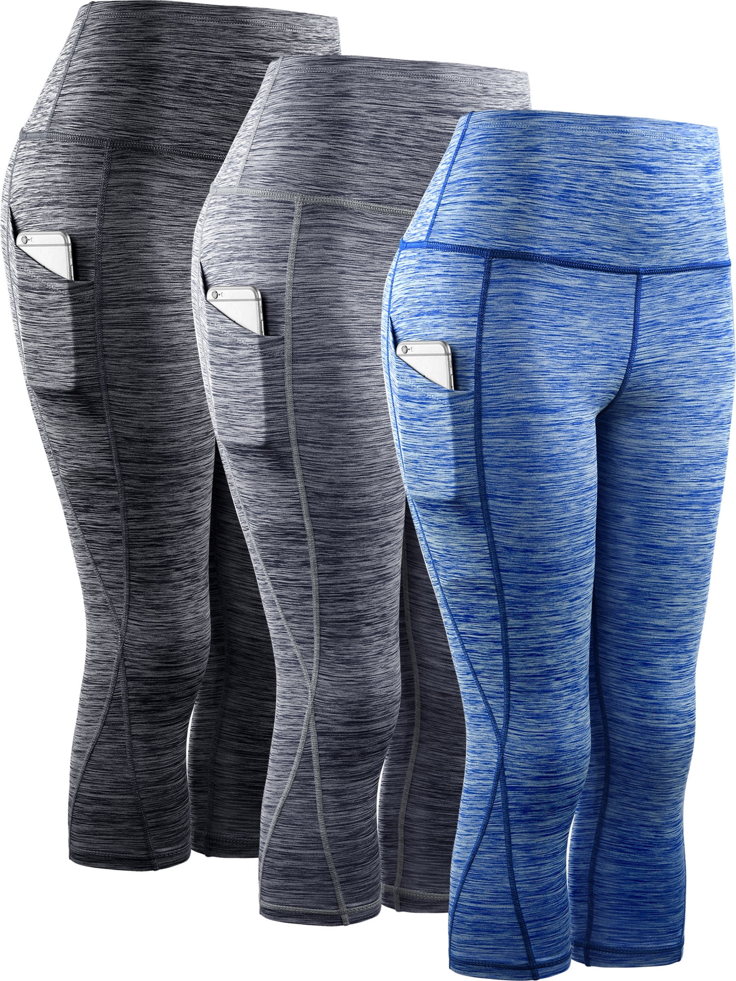 NELEUS Womens Yoga Capris Workout Leggings Tummy Control High Waist Cropped with Pocket,Black+Gray+Blue,US Size S