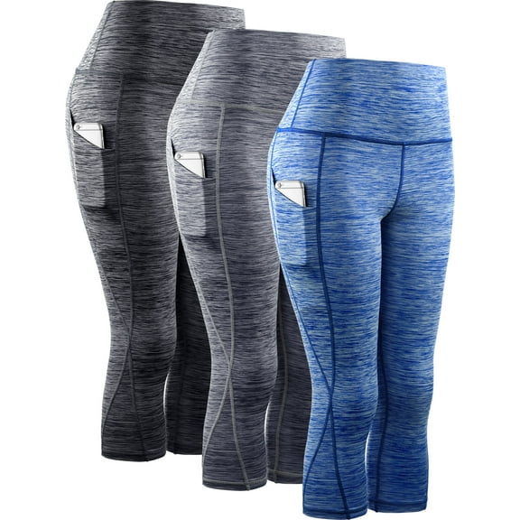 NELEUS Womens Yoga Capris Workout Leggings Tummy Control High Waist Cropped with Pocket,Black Gray Blue,US Size XL