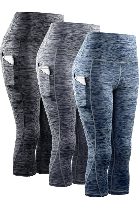 Womens Yoga Capris Workout Leggings Tummy Control High Waist Cropped with Pocket,Black+Gray+Navy Blue,US Size L