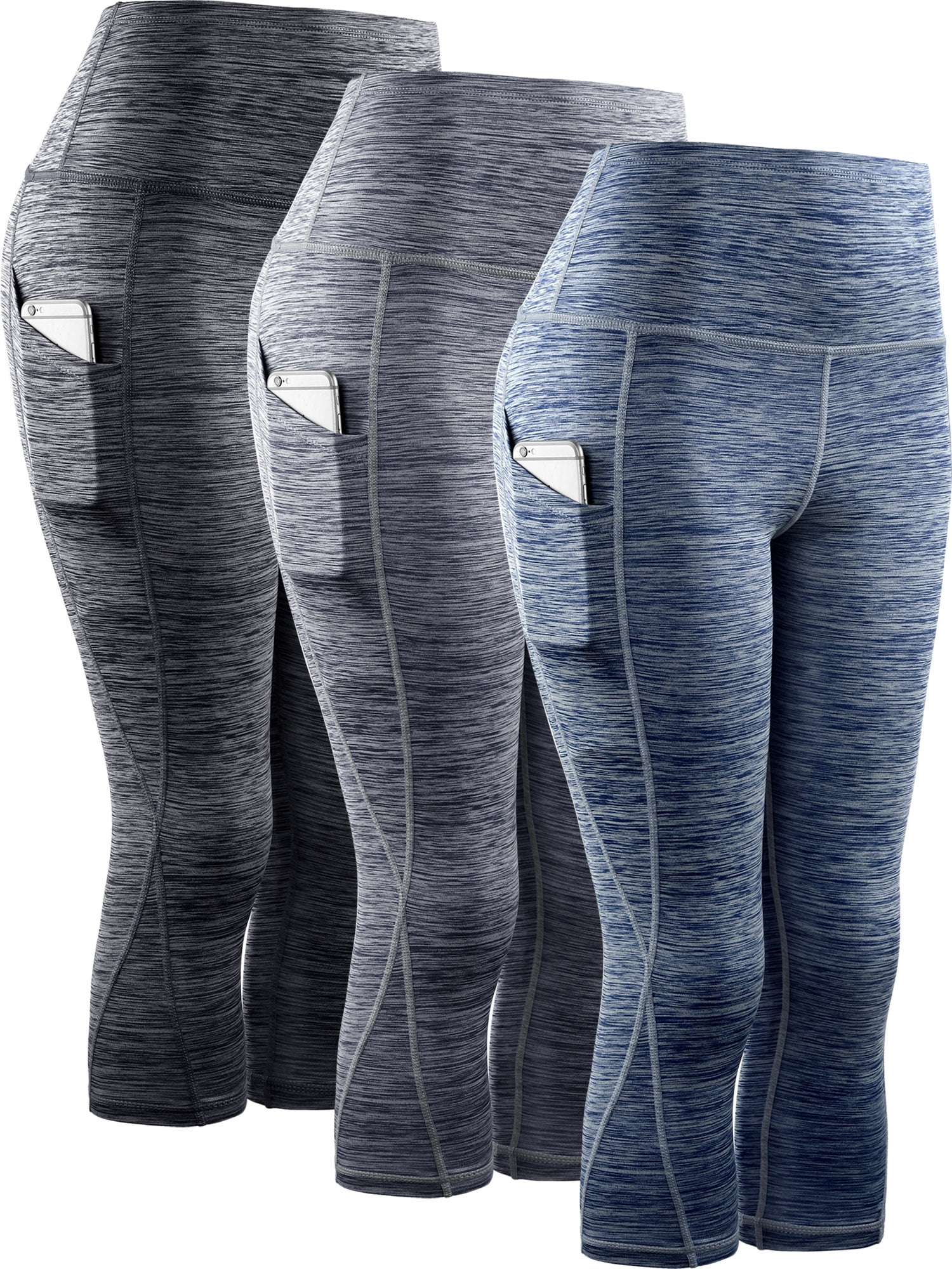 NELEUS Womens Yoga Capris Workout Leggings Tummy Control High Waist Cropped with Pocket,Black+Gray+Navy Blue,US Size XL
