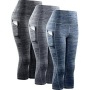 NELEUS Womens Yoga Capris Workout Leggings Tummy Control High Waist Cropped with Pocket,Black+Gray+Navy Blue,US Size XL