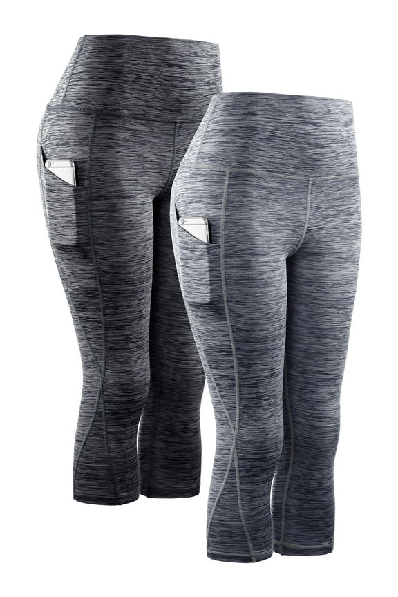 Womens Yoga Capris Workout Leggings Tummy Control High Waist Cropped with Pocket,Black+Gray,US Size 2XL
