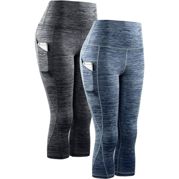 NELEUS Womens Yoga Capris Workout Leggings Tummy Control High Waist Cropped with Pocket,Black Navy Blue,US Size L