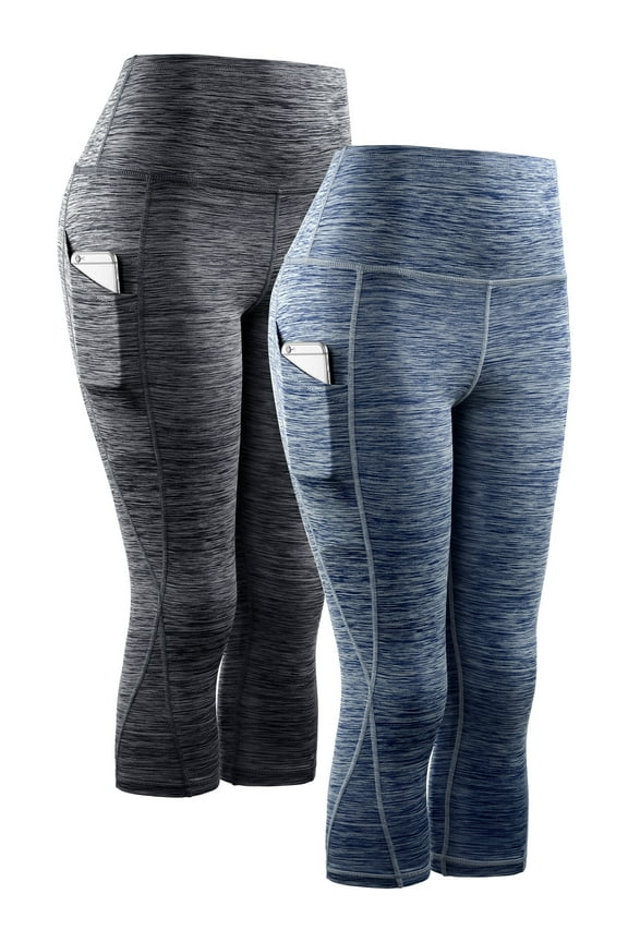 Womens Yoga Capris Workout Leggings Tummy Control High Waist Cropped with Pocket,Black+Navy Blue,US Size L