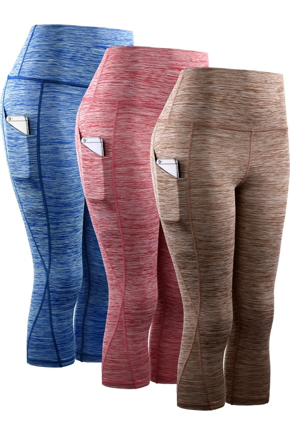 Womens Yoga Capris Workout Leggings Tummy Control High Waist Cropped with Pocket,Blue+Red+Brown,US Size 2XL
