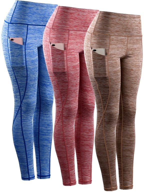 Womens Yoga Leggings Ankle High Waist Tummy Control with Side Pocket,Blue+Red+Brown,US Size S