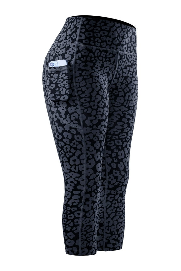 Womens Yoga Leggings Capri for Workout High Waist Tie-Dye Printed with Two Pockets,Leopard Print,US Size XL