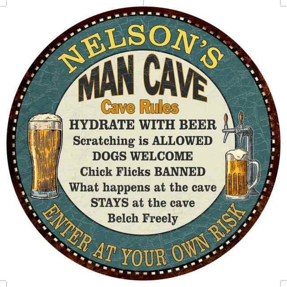 NELSON'S Man Cave Rules 14" Round Metal Sign Garage Wall Decor 100140009332