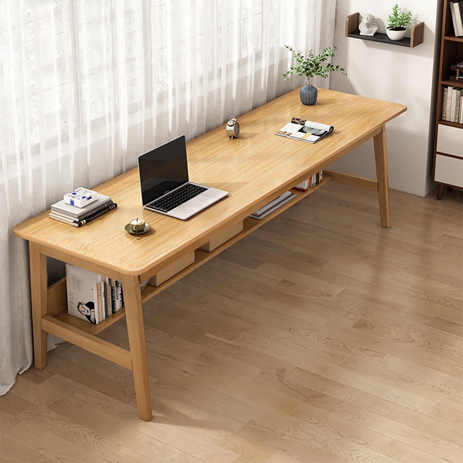 "NELYE 63"" Extra Long Desk with Easy Assembly & Bookshelf - Solid Wood