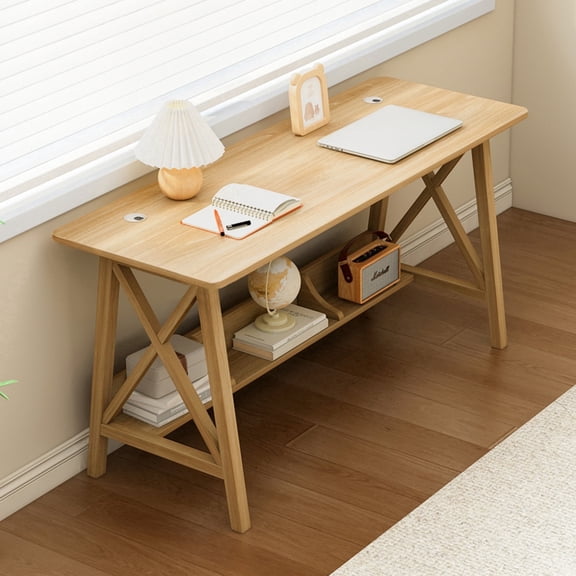 NELYE Wooden Desk with Bookshelf - 47" Computer Table with Cable Grommet, Oak