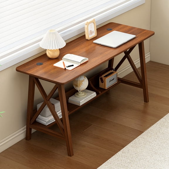 NELYE Wooden Desk with Bookshelf - 47" Computer Table with Cable Grommet, Walnut