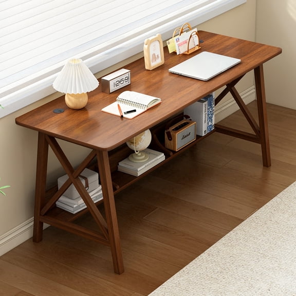 NELYE Wooden Desk with Bookshelf - 55" Computer Table with Cable Grommet, Walnut