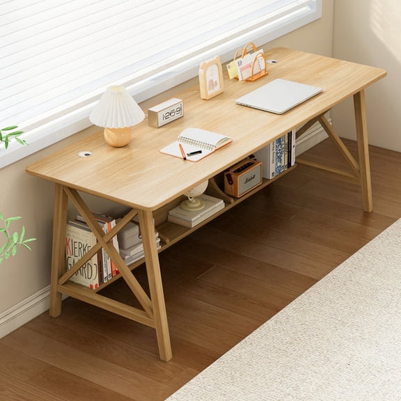 NELYE Wooden Desk with Bookshelf - 63" Two People Computer Table with Cable Grommet, Oak