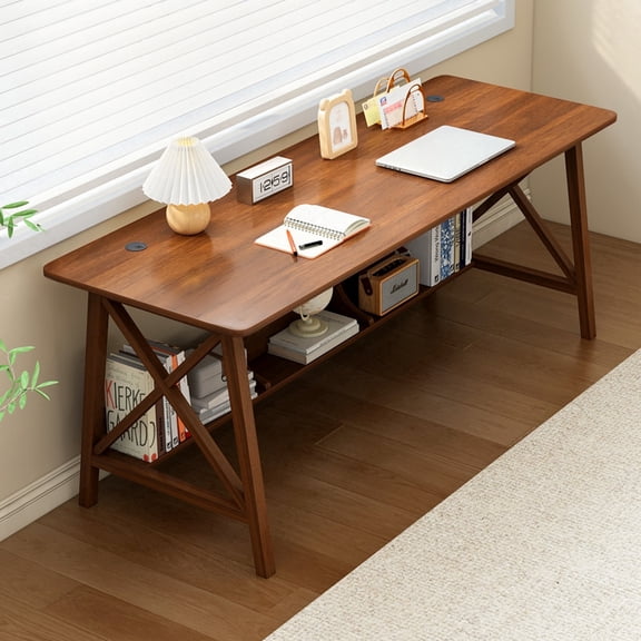 NELYE Wooden Desk with Bookshelf - 63" Two People Computer Table with Cable Grommet, Walnut