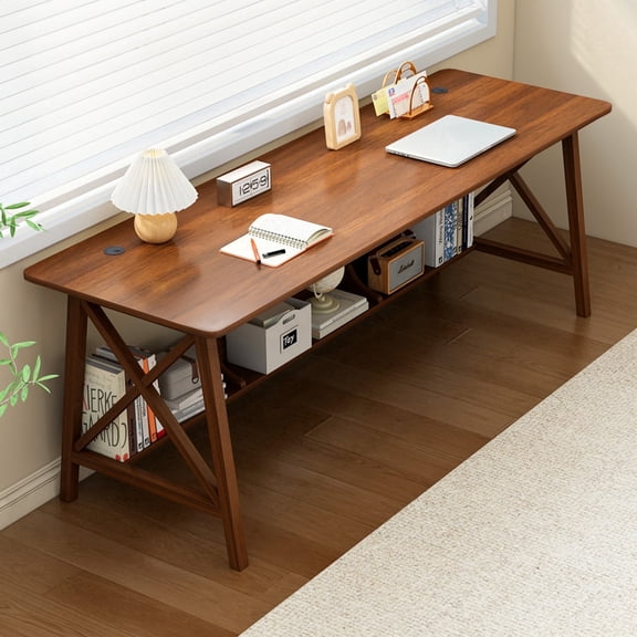 NELYE Wooden Desk with Bookshelf - 71" Two People Computer Table with Cable Grommet, Walnut