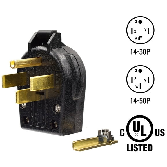 NEMA 14-30P & 14-50P，30 & 50 Amp, 125 & 250 Volt, 3-Pole 4-Wire, Straight Blade Angle Plug 4 Prong Plug for EV Chargers, Induction Ranges, Cooktops, Dryers, Generators, Welders, UL Listed