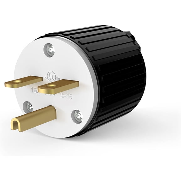 NEMA 6-15P Straight Blade Replacement Plug Connector, Male Extension Cord Ends, 15 Amp, 250 Volt, 2 Pole, 3 Wire Grounding, Industrial Grade, Heavy Duty, UL Listed, 66220-BK, Black