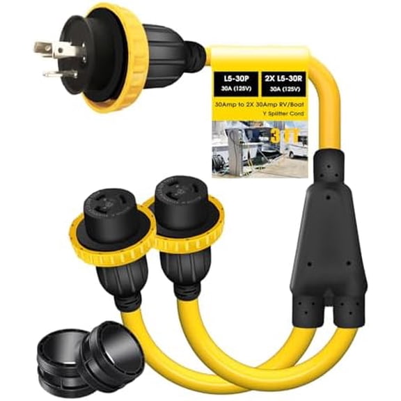 NEMA L5-30P to 2X L5-30R 30 Amp Shore Power Y Splitter Cord, 30A Male Plug x (2) 30A Female Marine Power Outlet with Locking Rings for Marine Boats, Yachts, RVs, ETL Listed 3FT$$Watercraft