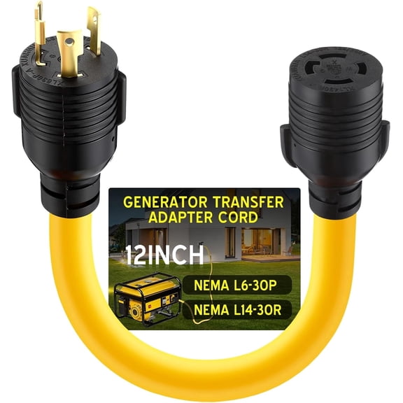 NEMA L6-30P to L14-30R 30 Amp Generator Adapter Cord, Generator Transfer Switch, House Inlet Box Adapter, STW 10 AWG/3C, 1ft, ETL Listed