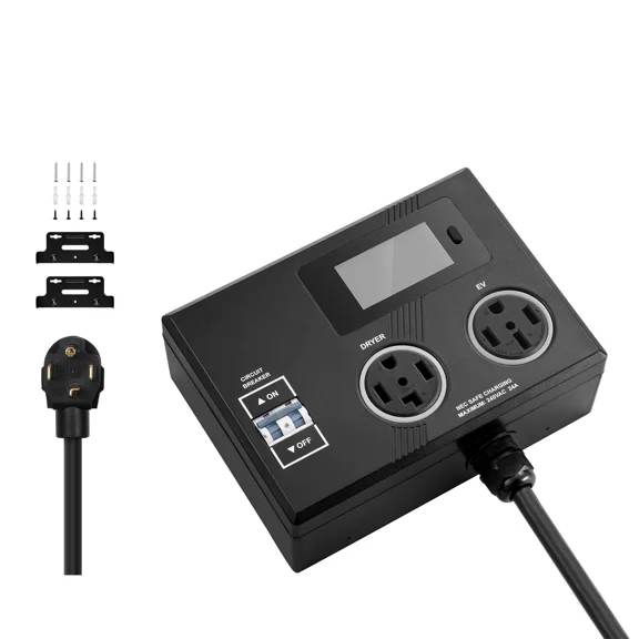 NEMA Splitter for Dryer and EV Charging with 3-Color LED Indicator,240V Smart Power Distribution,NEMA 14-30 Plug,14-30&14-50 Outlets,3.4-Inch LCD Screen,Supports Max 24A