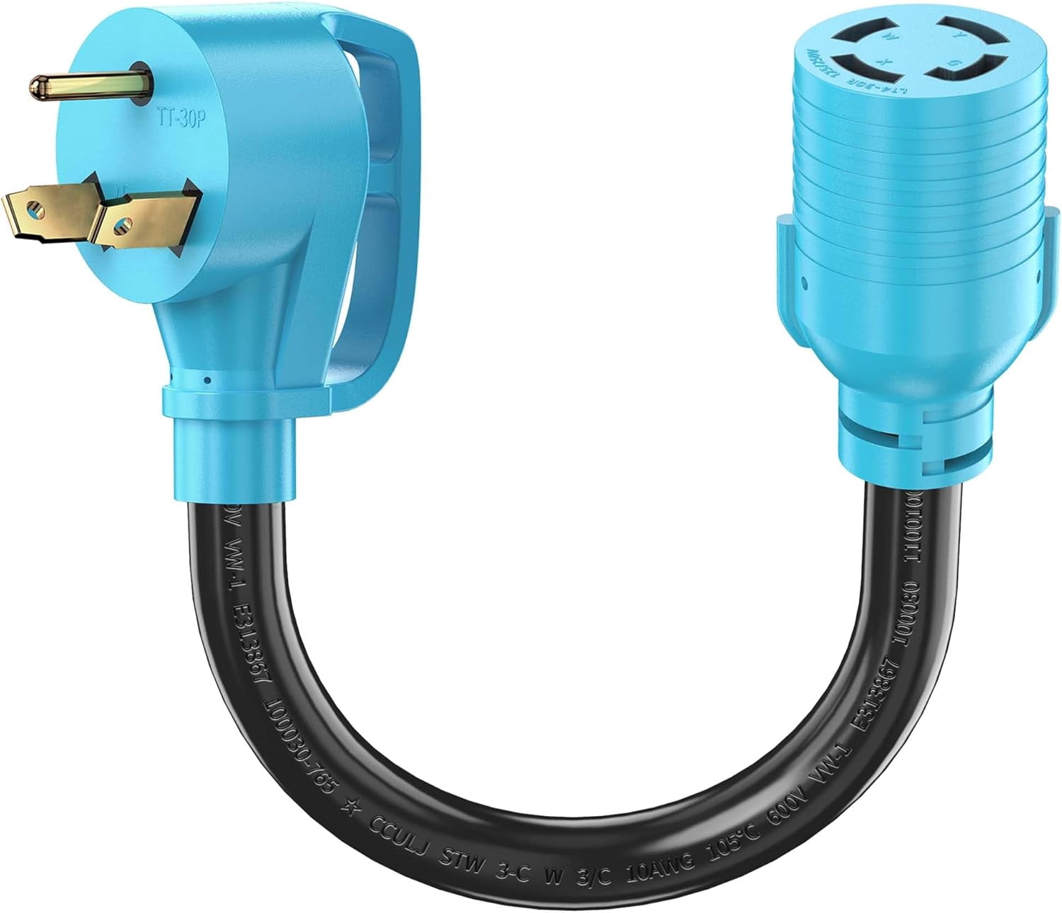 NEMA TT-30P to L14-30R Adapter Cord, 30 Amp 3 Prong to 4 Prong Generator Plug Adapter, Generator Transfer Switch Adapter, Generator to House Inlet Box, STW 10 AWG Blue, ETL Listed
