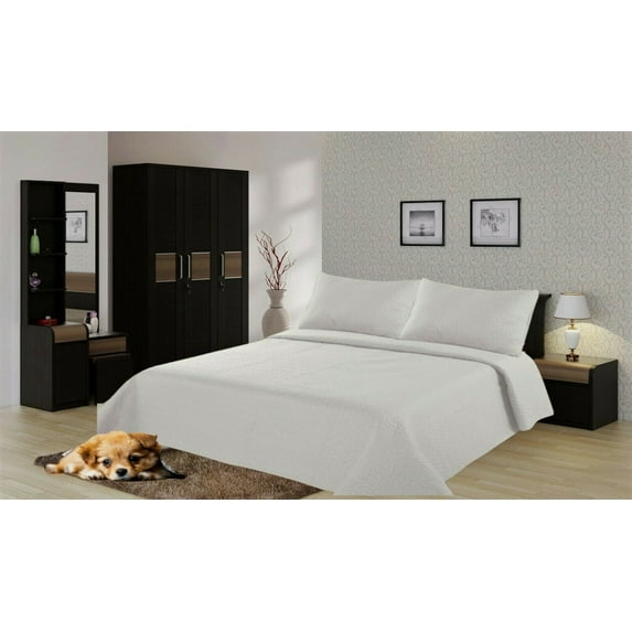 NENA IVORY Solid Reversable Quilt Set Stippling Stitches Pattern Comfort Bedspread Bedroom Bedding Dressing size TWIN