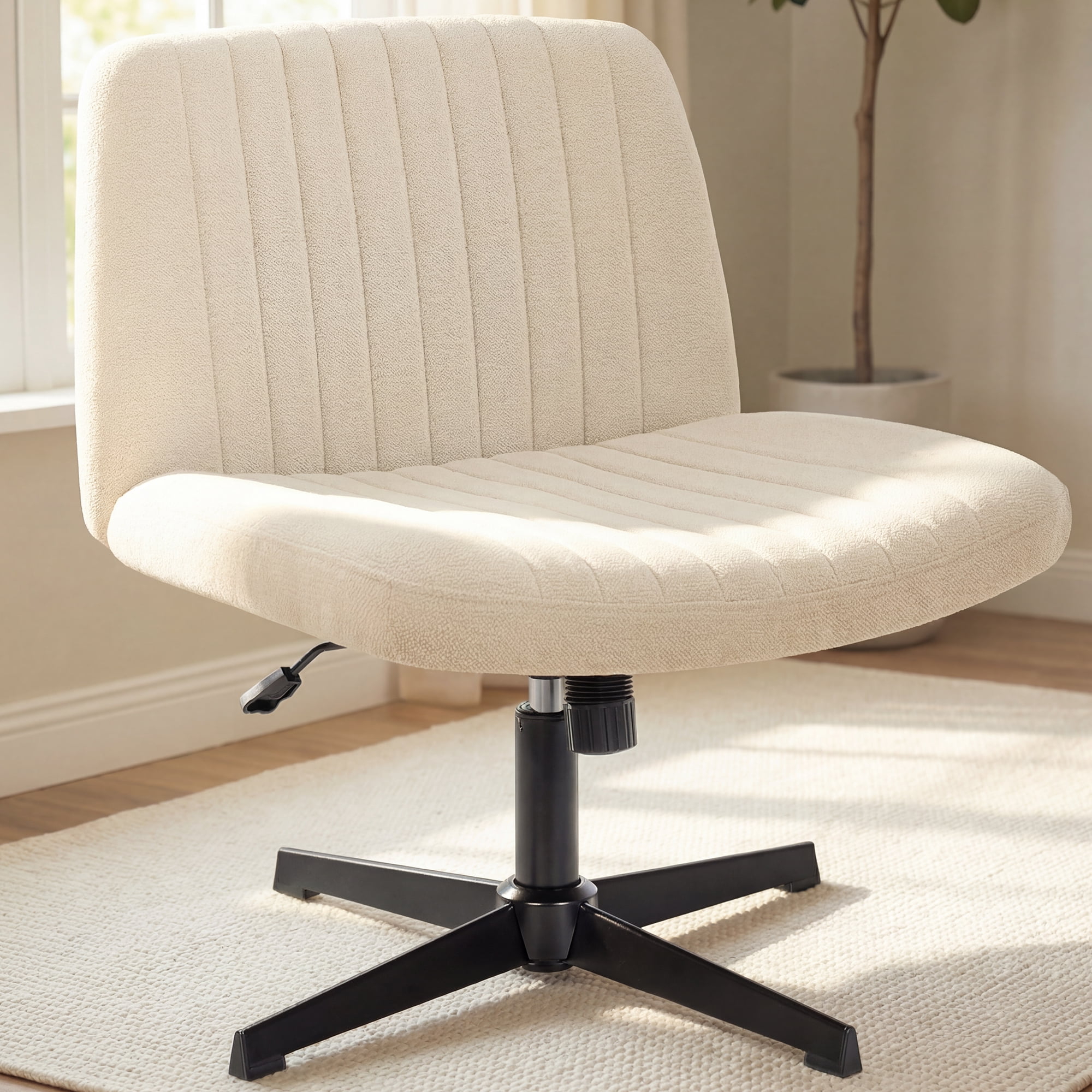 NEO CHAIR Criss Cross Chair No Wheels Armless&nbsp;Comfy Desk Chair Wide Vanity Makeup&nbsp;Cross Legged Office Adjustable Computer Task for Home Office Fabric (Beige)