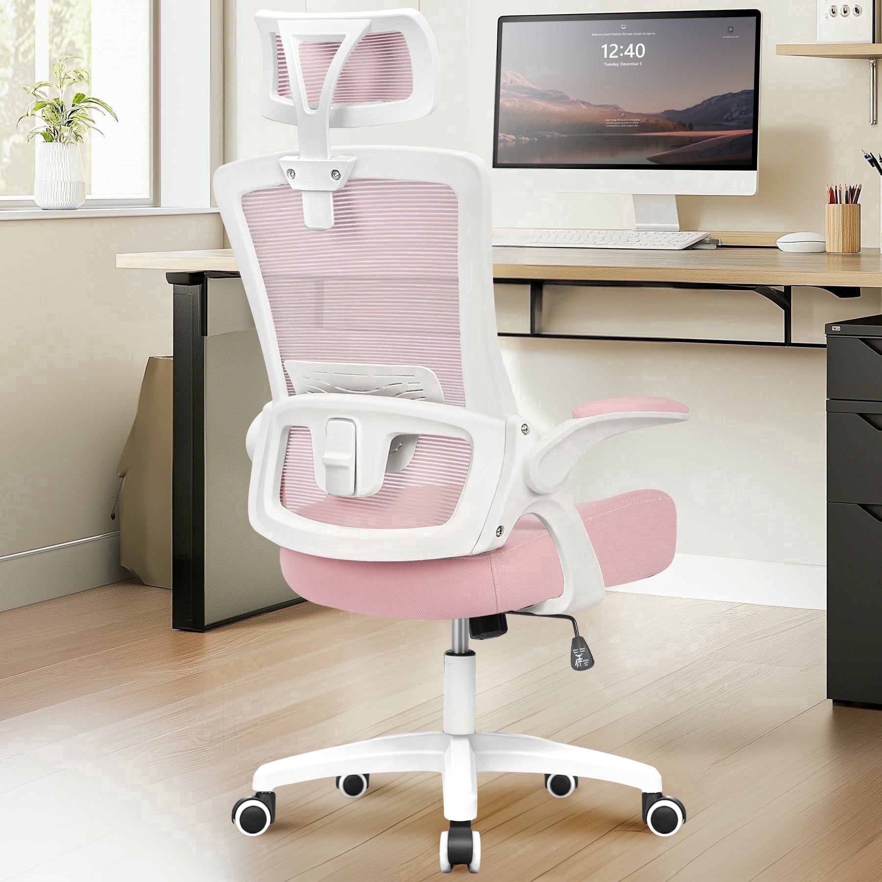NEO Chair Office Desk Chair Gaming Computer High Back Support Mesh Comfy Seat with Adjustable Ergonomic Headrest Lumbar Rolling Flip-up Armrests and Wheels (Headrest Pink)