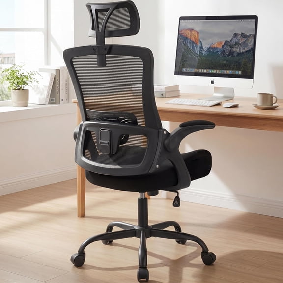 NEO CHAIR Office Chair High Back Desk Chair Comfy Gaming Computer Mesh Seat with Ergonomic Lumbar Adjustable Headrest Rolling Flip-up Armrests and Wheels (All Black)