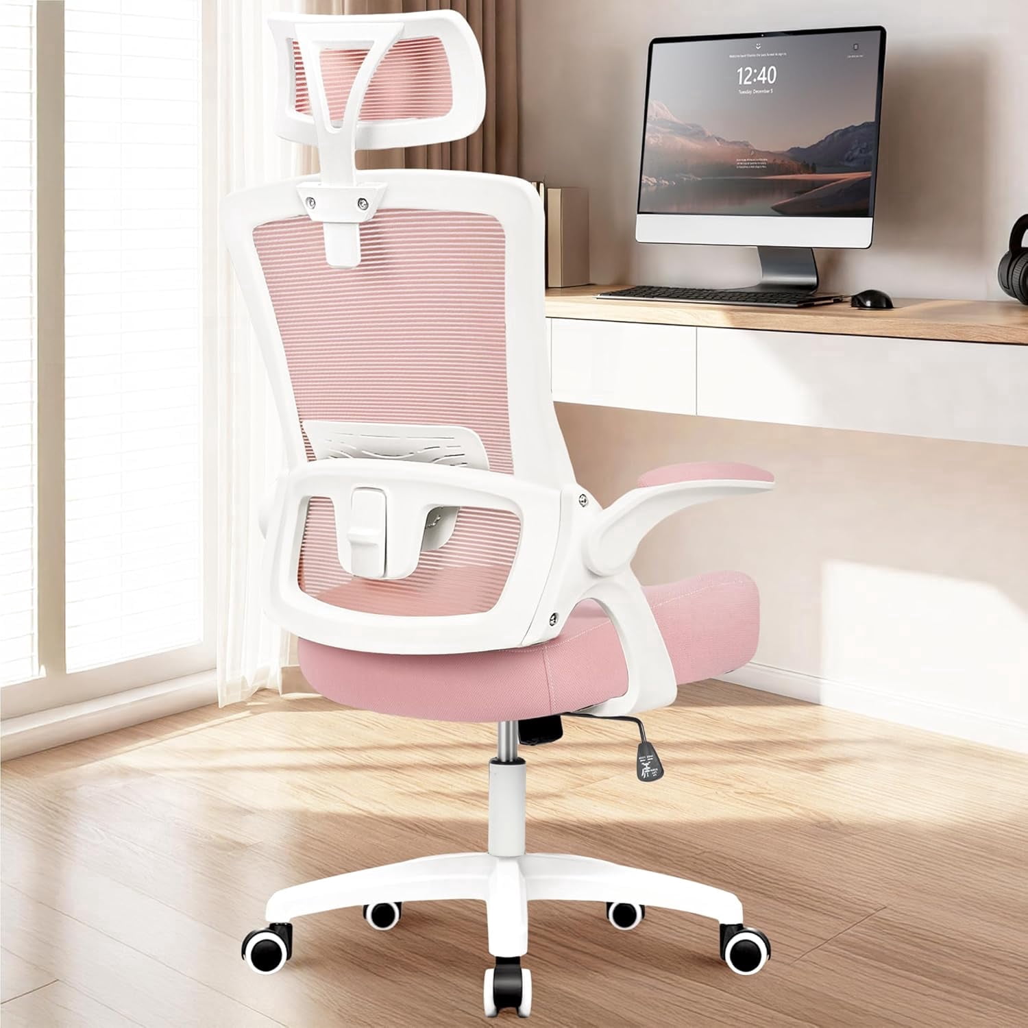 NEO CHAIR Office Desk Chair Computer High Back Mesh Gaming Seat with Ergonomic Adjustable Comfy Flip-up Armrests Lumbar Support Height for Home (Headrest Pink)