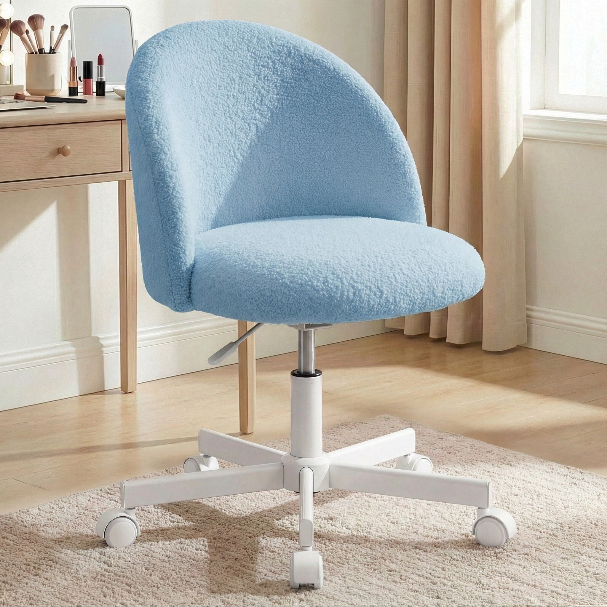 NEO CHAIR Office Vanity Chair with Wheels Comfy Desk Chair for Girls Cute Computer Small Armless Adjustable Height Swivel for Home Bedroom Task (Blue)