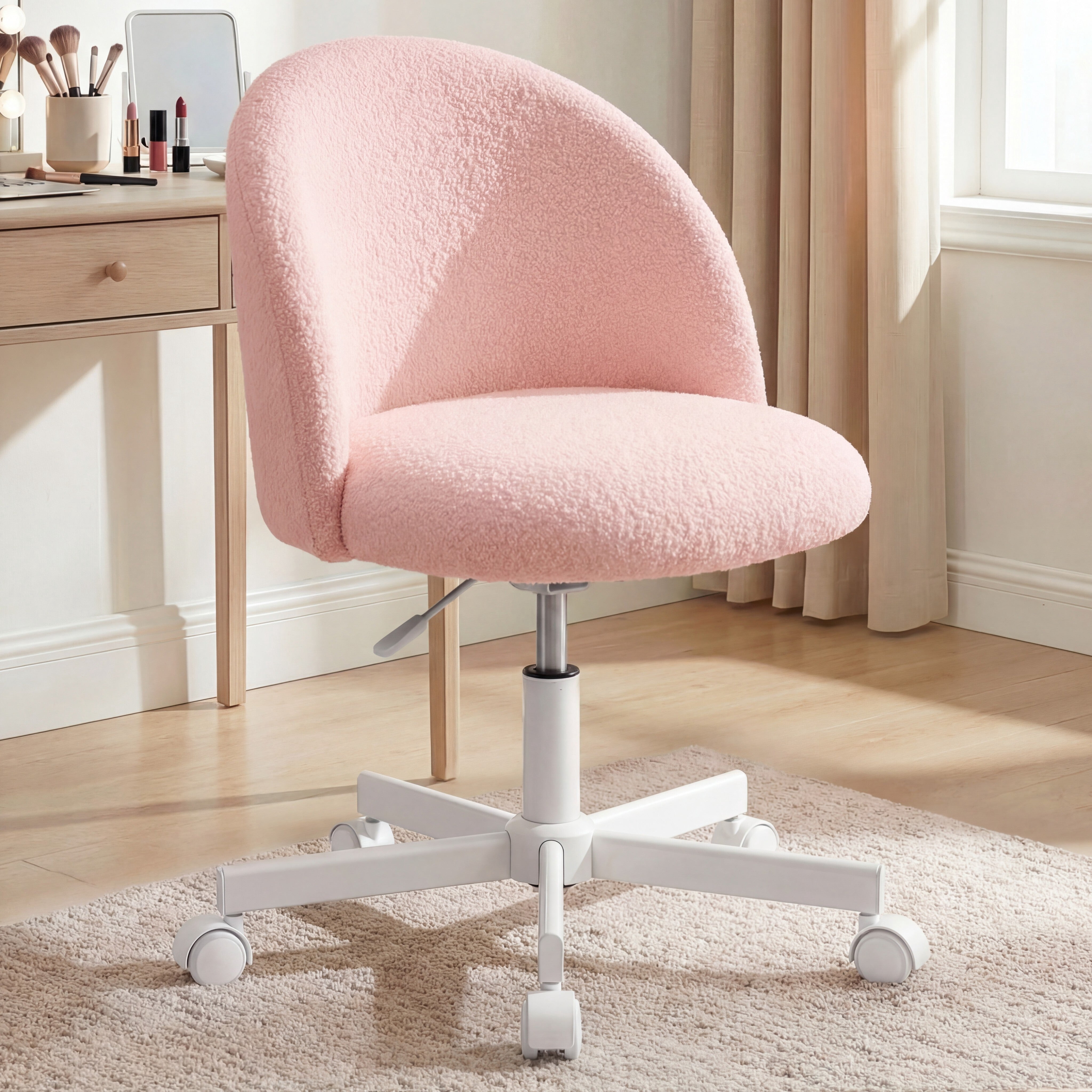 NEO CHAIR Office Vanity Chair with Wheels Comfy Desk Chair for Girls Cute Computer Small Armless Adjustable Height Swivel for Home Bedroom Task (Pink)