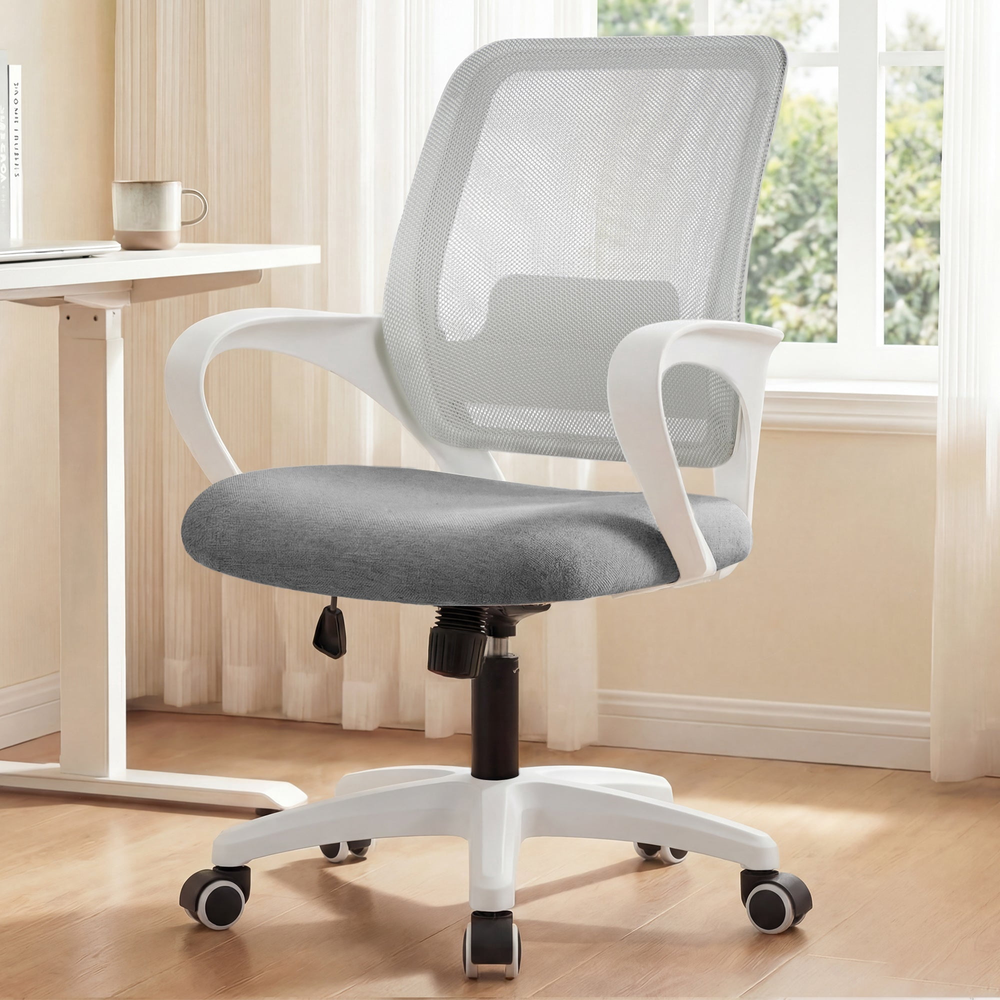 NEO Chair Office Desk Ergonomic Mesh Computer Chair with Lumbar Support Adjustable Height Swivel Rolling Wheels Comfy Mid Back Task Chair for Home Bedroom Vanity Study (Grey)