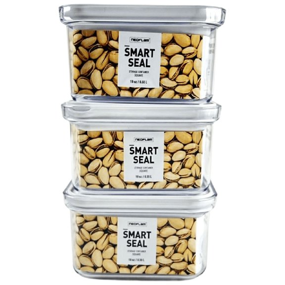 NEOFLAM Airtight Smart Seal Food Storage Container (Set of 3, Square) | Crystal Clear Body | Modular, Stackable, Nestable Design (0.6L, White Lid)